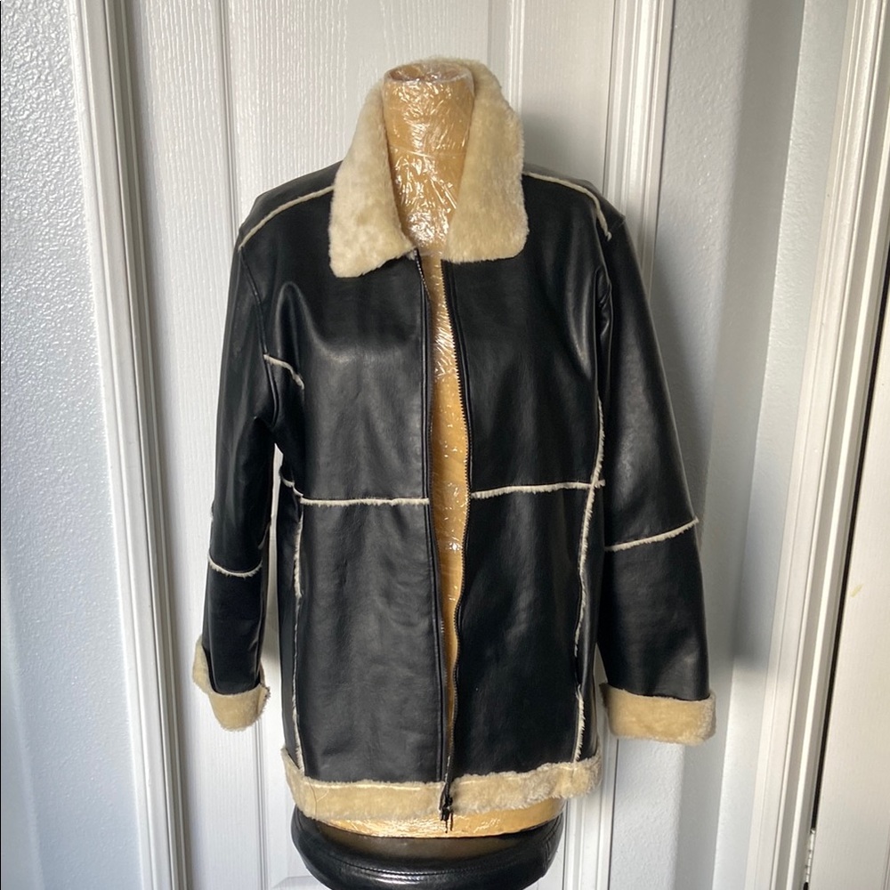 Black and Cream Leather Aviator Jacket with Shearling Lining